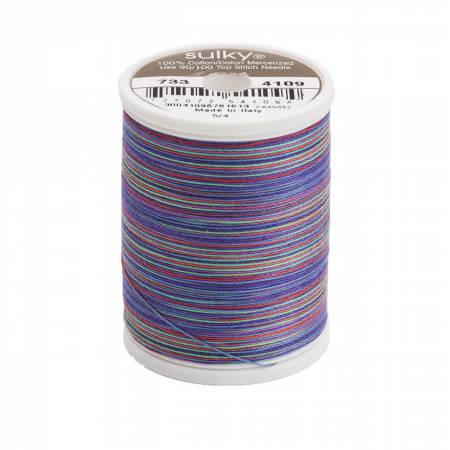 30wt Blendables with matte finish. Threads are varigated colors with random repeats every 2-1/2in to 5in.