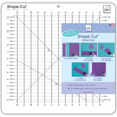 Use with your rotary cutter & cutting mat. Cut multiple strips from 1/2in up to 12in, 1/2in increments. Save time on repetitive cuts for strip quilting. Turn Shape Cut after strips are cut to complete squares, triangles, diamonds orchevrons with ease. 12in x 12in.