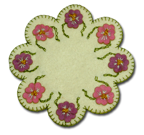 primrose flower is believed to have originated in Central America and has been used for a variety of medicinal purposes. It was brought to Europe in the 17th century. It blooms in cooler weather, typically in early spring. These mats were inspired by the simplicity of the primrose.