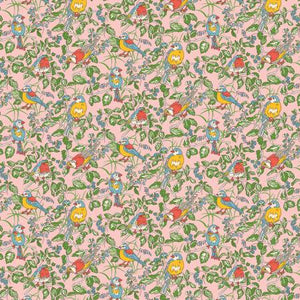 This fabric is from Liberty of London Fabrics for Riley Blake. From the Woodland Walk by Liberty Fabrics Collection. This fabric has a pink background with blue, yellow and red birds all over and green leaves.&nbsp;<span disable_itemprop="description"></span>