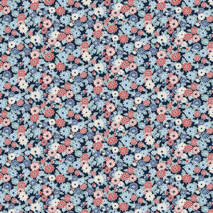 This floral Liberty of London Fabric is covered in red white and blue flowers over a navy background. This fabric is by Riley Blake Designs.&nbsp;