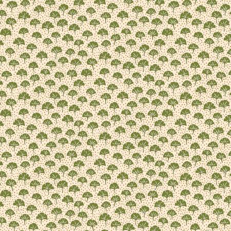 Small green Ginko leaves and tiny gold dots cover a light beige background. From the Arthur's Garden Collection for Liberty Fabrics. 100% Cotton, 44/45" wide.