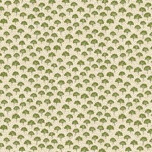 Small green Ginko leaves and tiny gold dots cover a light beige background. From the Arthur's Garden Collection for Liberty Fabrics. 100% Cotton, 44/45" wide.