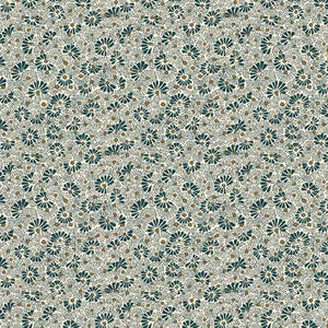 Reminiscent of abstract flowers, gold dots are tossed on a white background, with forest green triangles and lines emanating from them in starbursts. From the Arthur's Garden Collection for Liberty Fabrics.&nbsp;100% Cotton, 44/45" wide.