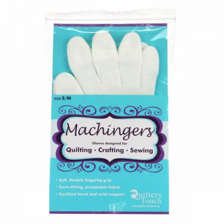 Quilters Touch Machingers Gloves are designed just for machine quilters. They are soft and have a flexible fingertip grip that gives you full control with less resistance and drag on fabric.