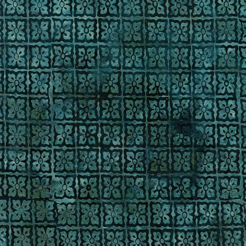 This teal batik has square motif flowers in darker teal over a lighter teal background. 