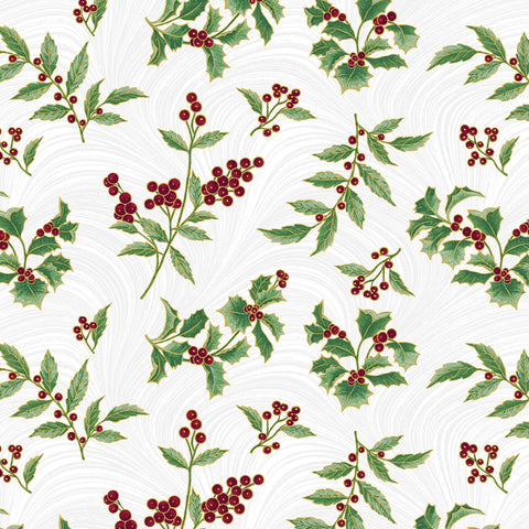 Holly & Waves - A Winter's Day - White with Metallic