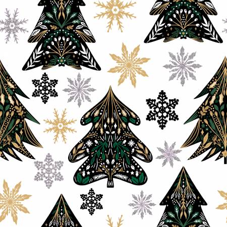 This fabric is full of silver trees with silver and gold. The trees are intricately decorated. 