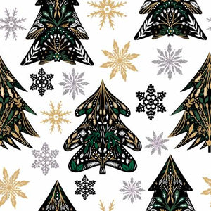 This fabric is full of silver trees with silver and gold. The trees are intricately decorated. 