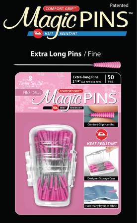 <span data-mce-fragment="1">Comfort Grip, Heat Resistant, 50pc. Taylor Seville Originals Notions make your sewing life easier. The Comfort Grip Magic Pins Extra Long are 2.25in and .5mm. They have a comfort grip head that makes picking up and maintaining a grip on the pin, easy. The Comfort Grip Magic Pins are also heat resistant, so if you iron over them, they will not be ruined. The pins come in a designer storage case that closes, so you won’t lose any pins!</span><br data-mce-fragment="1">