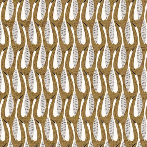 Abstract egrets stand in rows on a mustard background covered in dark dots. From the Grassroots Collection by Amy MacCready for Cloud9. 100% Cotton, 44" wide.