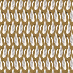 Abstract egrets stand in rows on a mustard background covered in dark dots. From the Grassroots Collection by Amy MacCready for Cloud9. 100% Cotton, 44" wide.