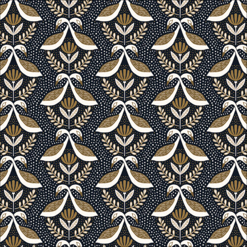 Two birds cross their necks above an abstract floral wreath on a navy background with tiny white dots. From the Grassroots Collection by Amy MacCready for Cloud9. 100% Cotton, 44" wide.