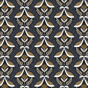 Two birds cross their necks above an abstract floral wreath on a navy background with tiny white dots. From the Grassroots Collection by Amy MacCready for Cloud9. 100% Cotton, 44" wide.