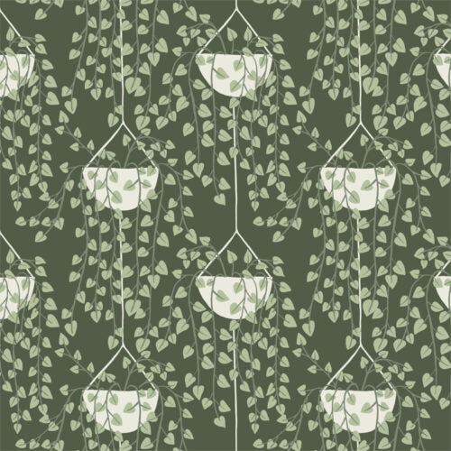 Strings of heart-shaped leaves fall from hanging white pots on a Dark Green background. From the Planted Collection by Betsy Siber for Cloud9. 100% Cotton, 44" wide.