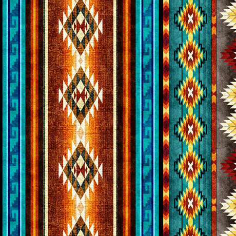 This fabric is a beautiful blanket stripe that is inspired by the American desert. A border stripe and coordinates are the perfect choice for home décor accents and themed quilts. This collection is designed by Dan Morris