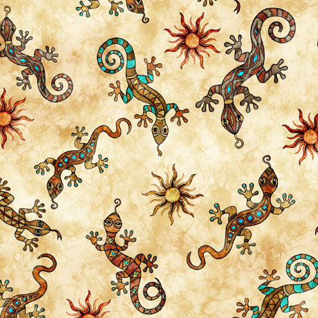 This fabric is covered in geckos! All different colored geckos surrounded by little suns over a cream grunge background. A border stripe and coordinates are the perfect choice for home décor accents and themed quilts. This collection is designed by Dan Morris