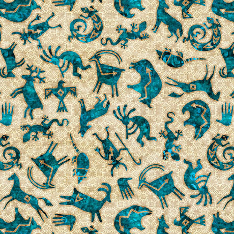 This fabric is covered in blue hieroglyphic symbols over a beige background. This collection is designed by Dan Morris