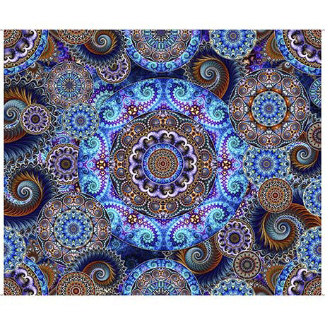 Bohemian style, eclectic prints mingle in vibrant color that evoke a hip vibe. Medallions, floral geos, and unique paisleys compliment a large medallion perfect as a quilt focal point or quilt backing. Quilting and sewing options are endless! ©Dan Morris  36" repeat. This exceptional panel is 42" wide and repeats vertically for making a large focal block!
