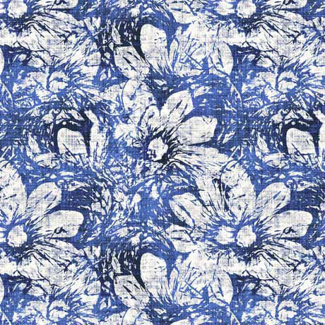 This fabric consists of blues and whites. Floral daisies toss with brushstroke texture. A warm palette and intricate, distressed floral designs will create projects with a modern yet vintage vibe. Varying shades of blues and earthen tones are the perfect combination for heirloom quilts, bohemian accessories, or unique apparel. ©Dan Morris