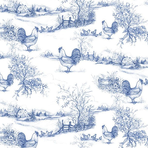 Rooster Toile - Country Blue - Blue