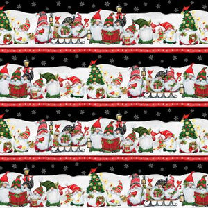 Reds, blacks, greens, greys, and white. This border has 2 repeating stripes full of holiday gnomes. 