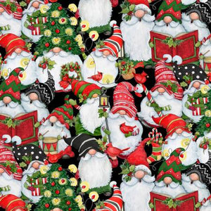 Holiday Gnome fabric full of jolly smiling and singing gnomes. This fabric print is medium size and is full of Christmas colors on a black background. 