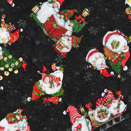 Holiday Gnome fabric is full of smiling and singing gnomes. The gnomes are scattered over a black background with grey snowflakes. Christmas colors with black and white. 