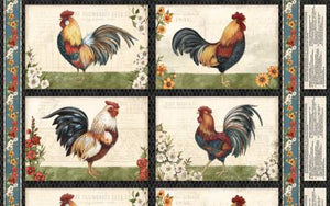 From Wilmington Prints designed by Susan Winget for the Garden Gate Roosters Collection. You can make a set of 4 placemats from this panel, or 2 double sided ones. 