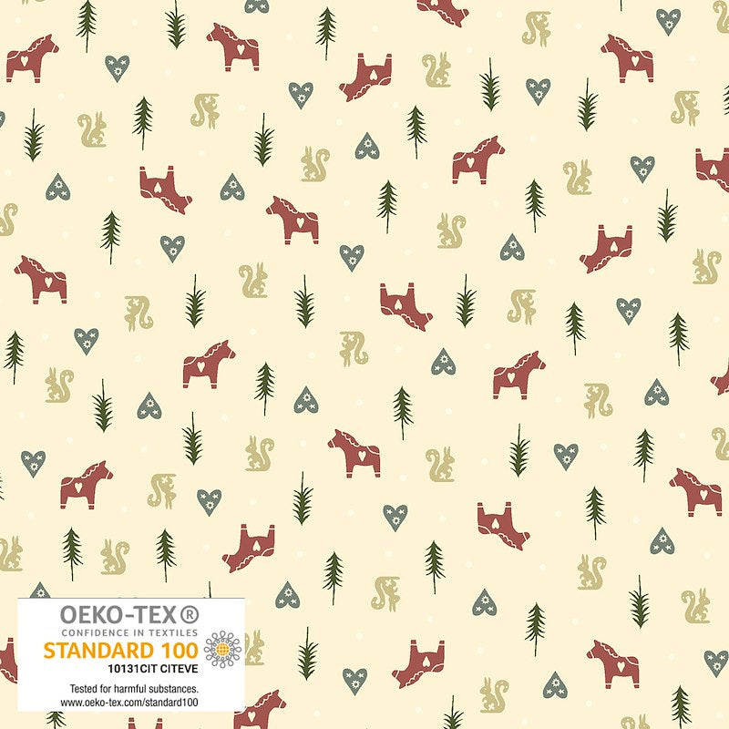 Neatly arranged silhouettes of red Dala Horses, green fir trees, blue hearts, and gray squirrels in rows on a cream background. From the Snow is Falling Collection by Stof for Blank. 100% Cotton, 44/45" wide.