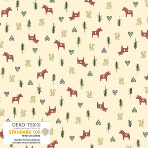 Neatly arranged silhouettes of red Dala Horses, green fir trees, blue hearts, and gray squirrels in rows on a cream background. From the Snow is Falling Collection by Stof for Blank. 100% Cotton, 44/45" wide.