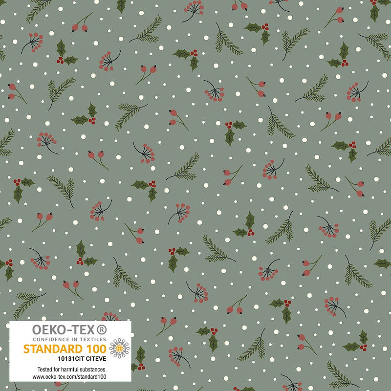 Rows of alternating winter berries fall across the blue-gray background with dots of snow. From the Snow is Falling Collection by Stof for Blank. 100% Cotton, 44/45" wide.