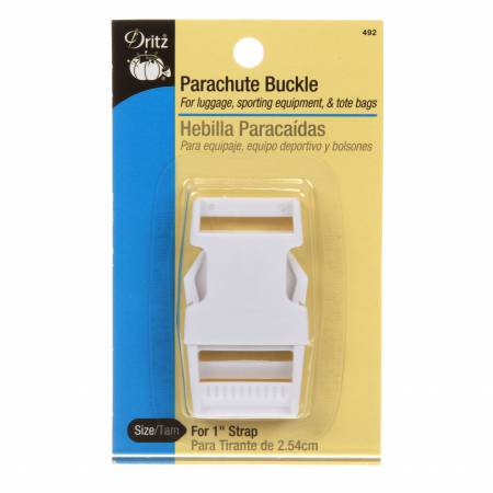 Use the Dritz Parachute Buckle for 1in wide straps on luggage, sports equipment and tote bags. This package contains one white parachute buckle for use with 1in wide straps.