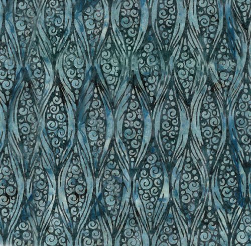 This batik is a stormy blue with a swirl and circle "pea pod" design. The background is a darker teal and design is lighter teal. 