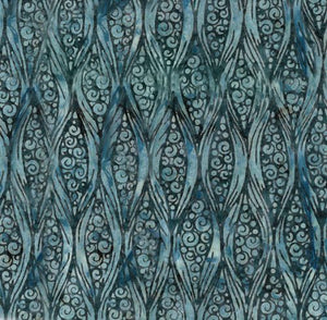 This batik is a stormy blue with a swirl and circle "pea pod" design. The background is a darker teal and design is lighter teal. 