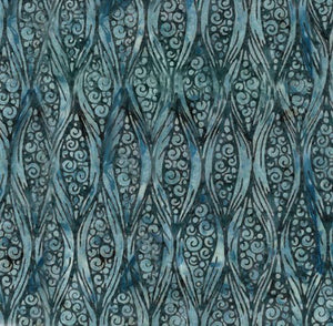 This batik is a stormy blue with a swirl and circle "pea pod" design. The background is a darker teal and design is lighter teal. 