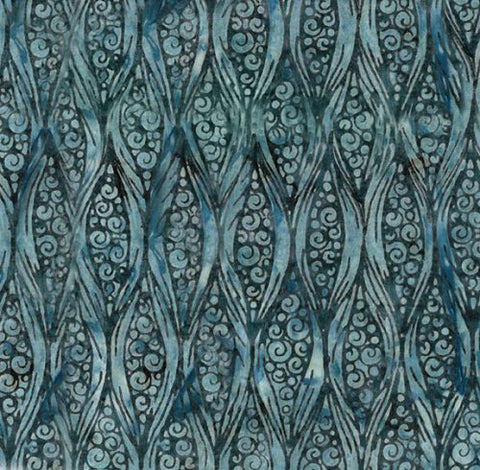 This batik is a stormy blue with a swirl and circle "pea pod" design. The background is a darker teal and design is lighter teal. 