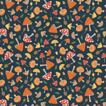This flannel is covered in different kinds of mushrooms over a navy-blue background. Red, orange, yellow and brown mushrooms with some green leaves tossed in between. 100% Cotton flannel, 44/5"