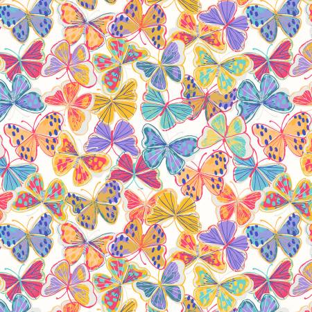 This flannel is full of different colored butterflies over a bright white background.