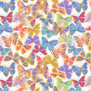 This flannel is full of different colored butterflies over a bright white background.