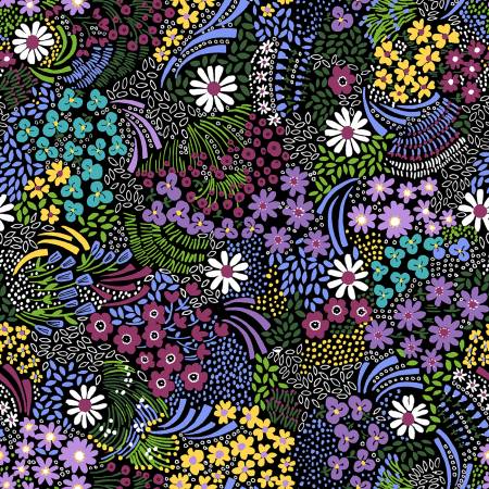 This flannel is covered in whimsical flowers that look as if they are dancing on the fabric. Black background, flowers are purples, blues, teals, yellows and whites. Dots, lines and leaves fill in the empty spaces. 