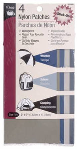 Dritz Stick-On Waterproof Nylon Patches are great for backpacks, camping equipment, and weather gear and more. They are perfect for repairing tears, worn areas and holes. 100% Nylon. Includes: 1 Olive Green, 1 Navy Blue, 1 Khaki, and 1 Grey