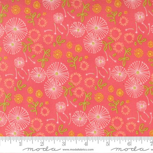 Thie beautiful floral fabric is light and whimsical. Designed by Robin Pickens for Moda Fabrics. Dandelions on a bright coral pink background with bright green leaves. 100% Cotton, 44/5"