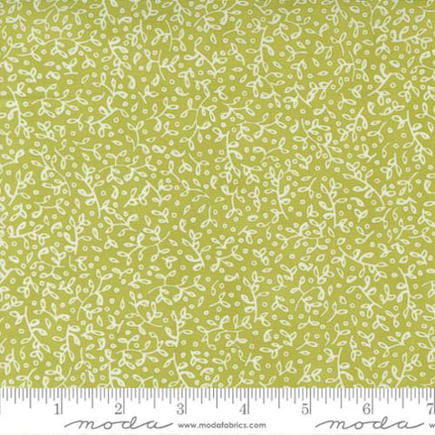 Thie beautiful floral fabric is light and whimsical. Designed by Robin Pickens for Moda Fabrics. This fabric is smaller scale white leaves over a grass green background. Perfect blender for the other fabrics in this collection 100% Cotton, 44/5"