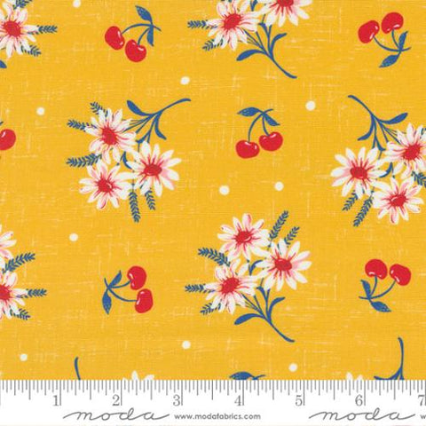 Designed by Crystal Manning for Moda's Julia Collection. This fabric is a lemon yellow with daisies and cherries tossed all over. Medium size print. 