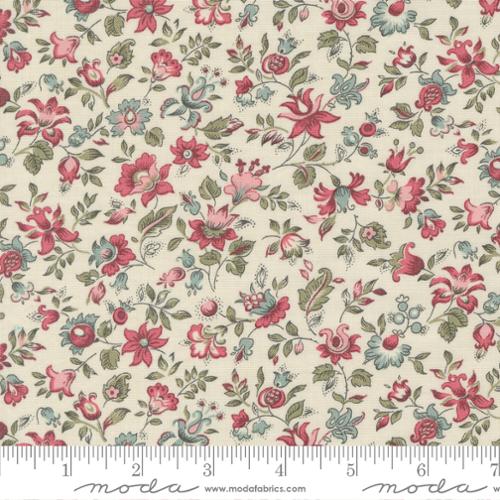 This beautiful French inspired fabric features little red and blue flowers with green leaves over a cream-colored background. 100% cotton 43"/44" wide. Designed by French General for Moda fabrics and made in Japan.
