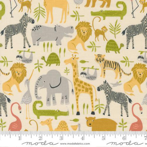 This fabric is covered in animals. Titled "Noah's Ark" designed by Stacy Lest Hsu for Moda. Cream colored background, animals are portrayed in realistic colors. 