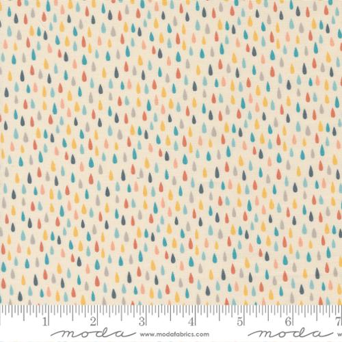 This fabric is covered in colorful raindrops. Titled "Noah's Ark" designed by Stacy Lest Hsu for Moda. Cream colored background with raindrops in blues, greens, yellows, oranges and tans. 