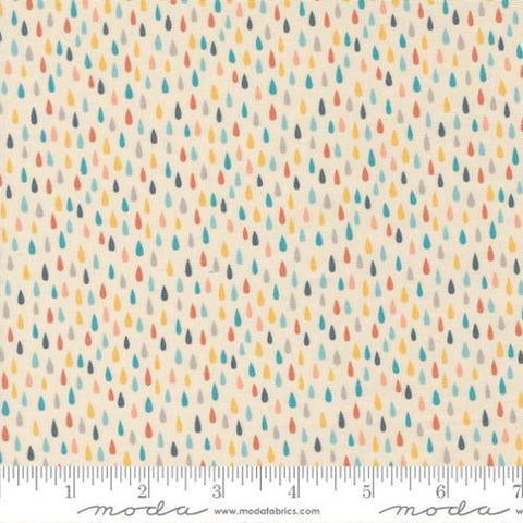 This fabric is covered in colorful raindrops. Titled "Noah's Ark" designed by Stacy Lest Hsu for Moda. Cream colored background with raindrops in blues, greens, yellows, oranges and tans. 