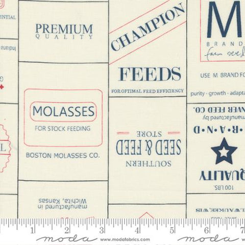 Vintage Brands by Sweetwater for Moda Fabrics. This fabric is covered in different brands and logos. Cream background, red- and navy-colored details. 100% Cotton, 44/5"